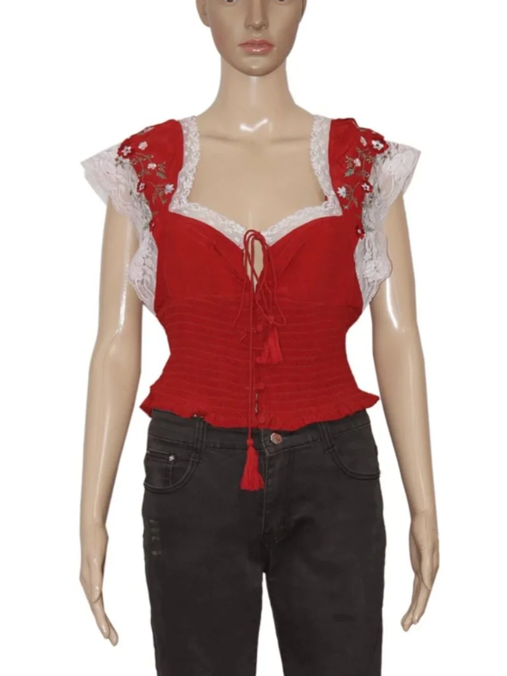 Free People Floral Embroidered Smocked Ruched Red Blouse Top XS